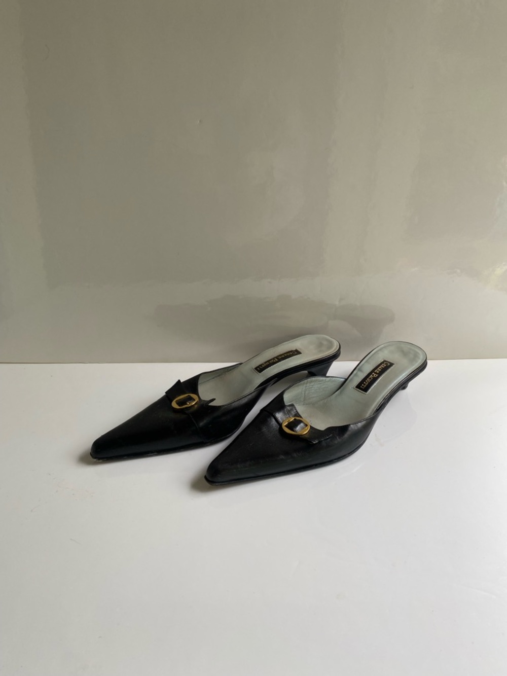 Vintage CESARE PACIOTTI Black Pointed Slip-On kitten heels with Gold Buckle